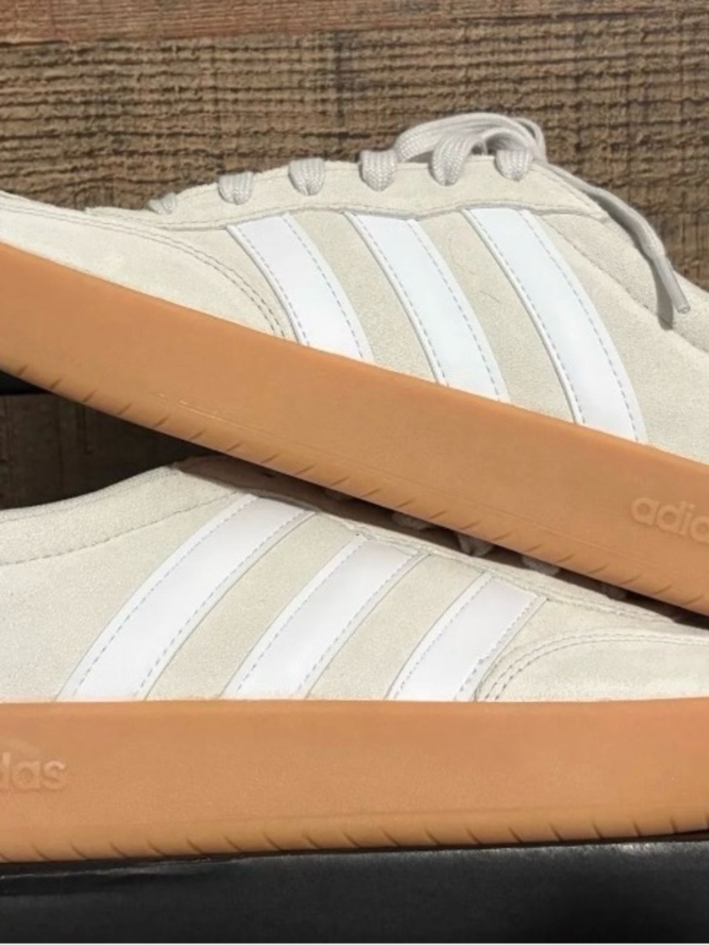 adidas Men’s Cream Suede Sneakers with White Stripes and Gum Sole